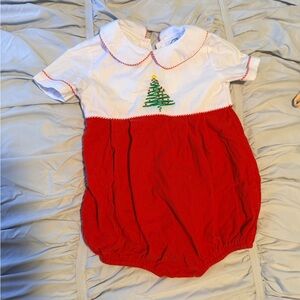 Red and White Baby Romper with Christmas Tree Embroidery